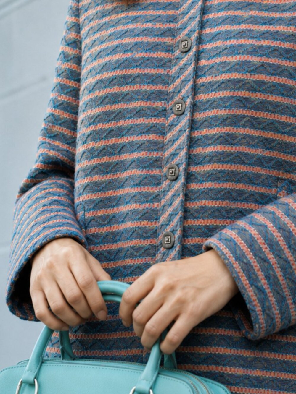 Blue Turquoise Striped Lurex Textured Statement Jacket with Decorative Buttons